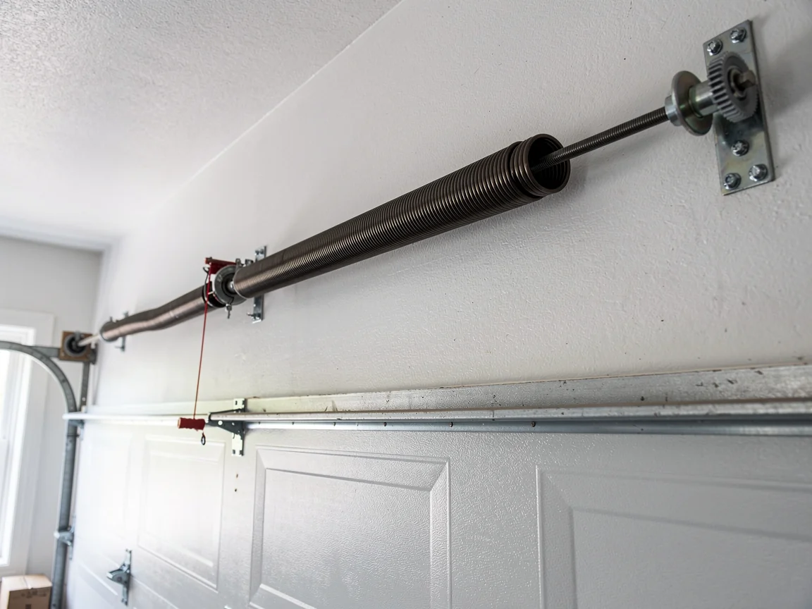 A torsion spring is mounted above a white garage door.