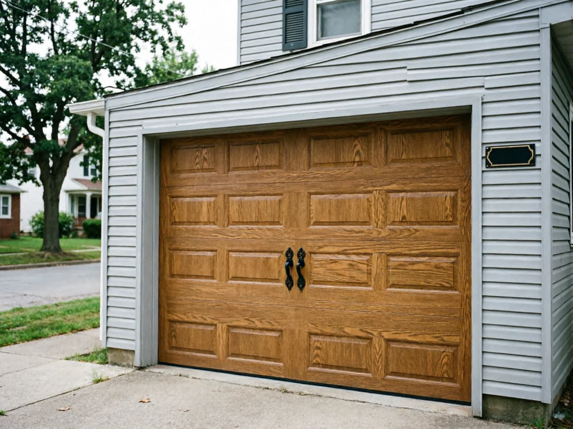 A brown wood-look garage door with decorative black handles on a gray house.